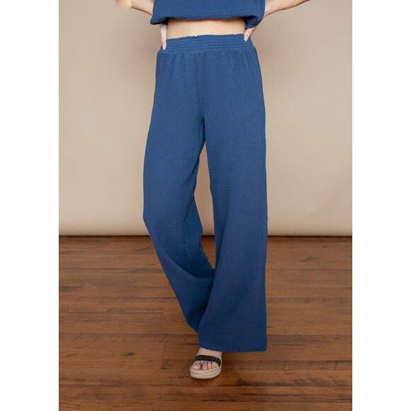 Bobi Beach Coast High Rise Pull On Smocked Waist Cotton Wide Leg Pants Blue L - Picture 1 of 8